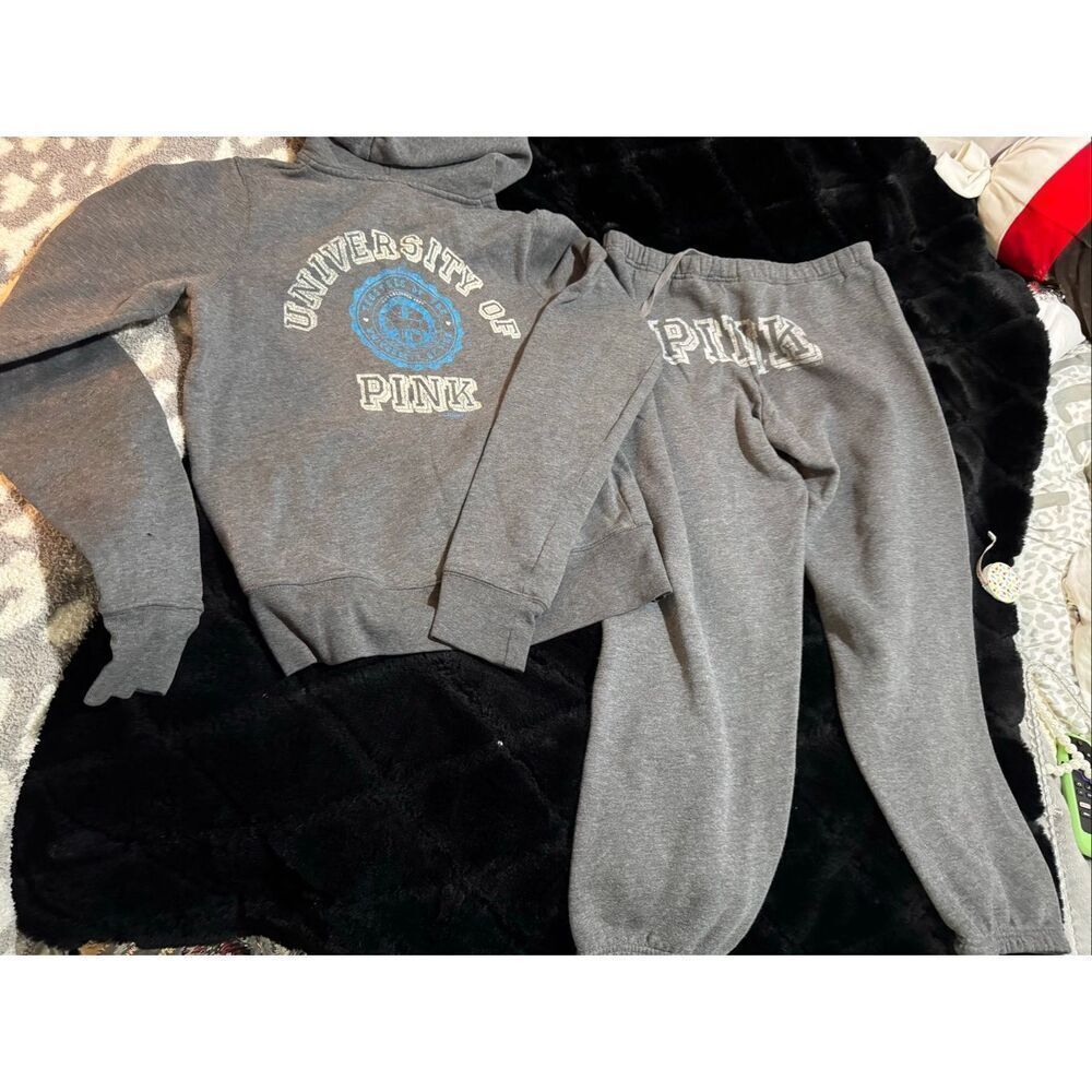 VTG VS PINK roadtrip grey hooded zip up sweatshirt & pants  set- sweatsuit M
